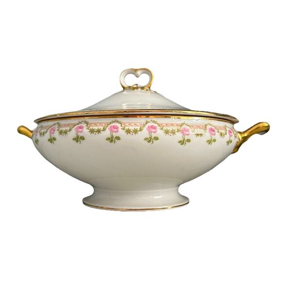 Vintage Wm. Guerin & Co. France Limoges Pink Rose Covered Round Serving Bowl - Picture 8 of 16